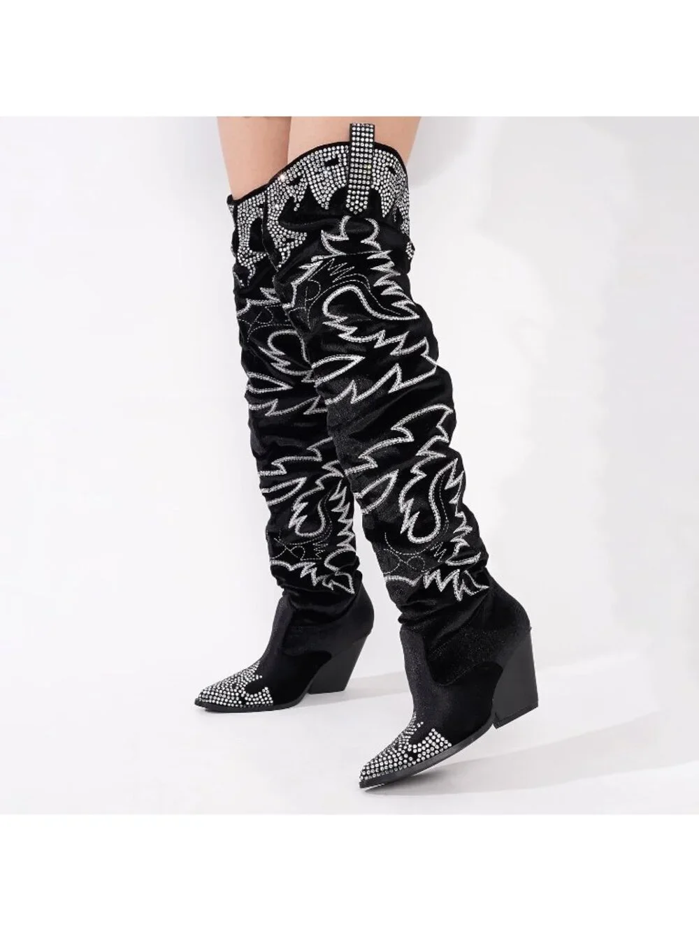 Women's Black Rhinestone Embroidered Thigh High Slouchy Wide Calf Cowgirl Boots